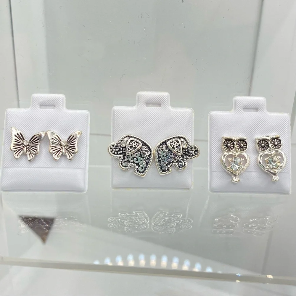 Butterfly/ Elephant/ Owl Silver-Tone & Rhinestone Stud Pierced Earrings Set of 3